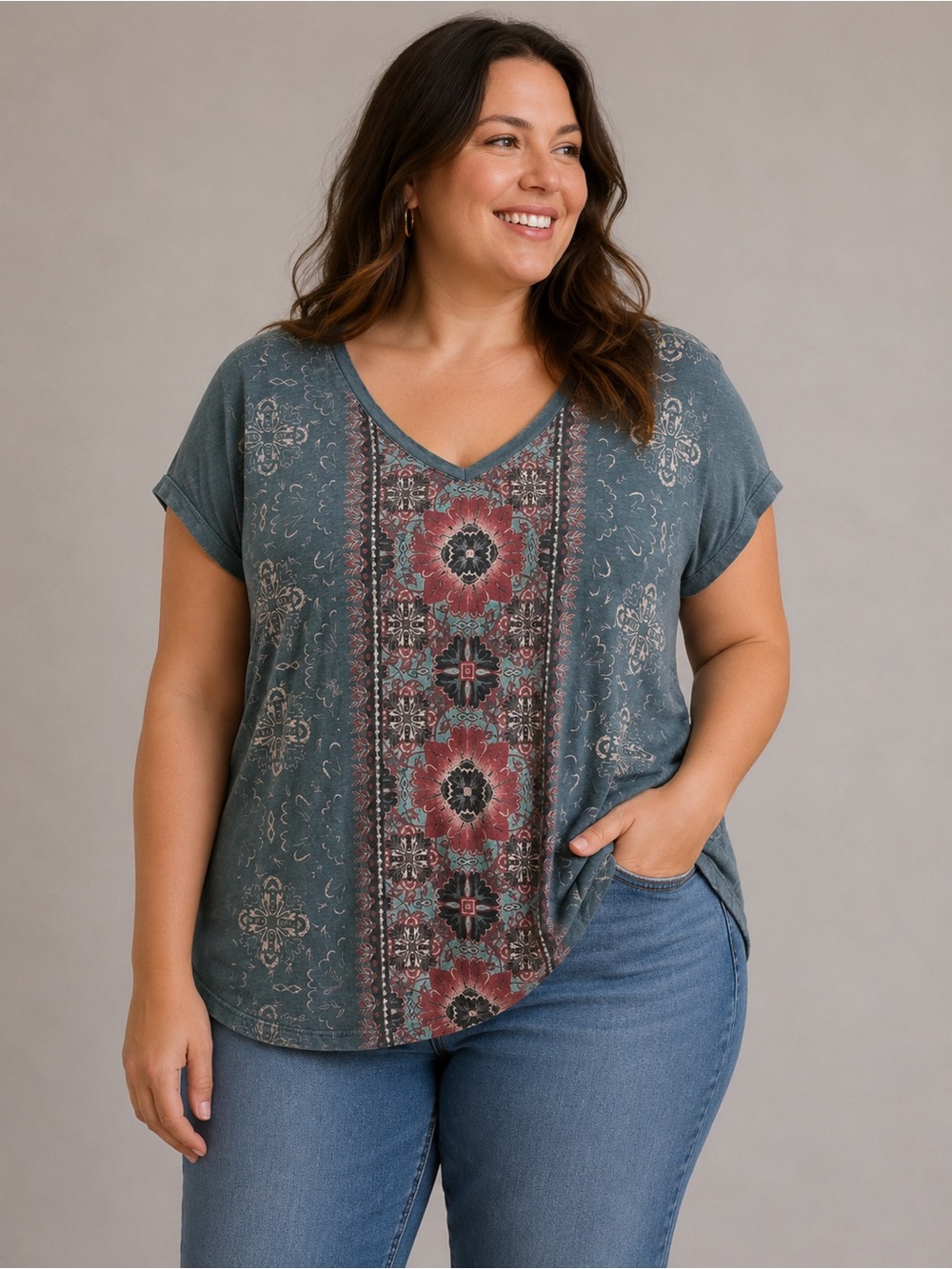Style & Co. Women’s Printed V-Neck Tee Top Blue Boho Floral XL